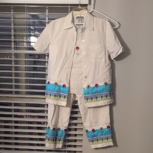 Women's Leslie Fay Summer Embroiderd Ensemble-White and Blue with Floral Design